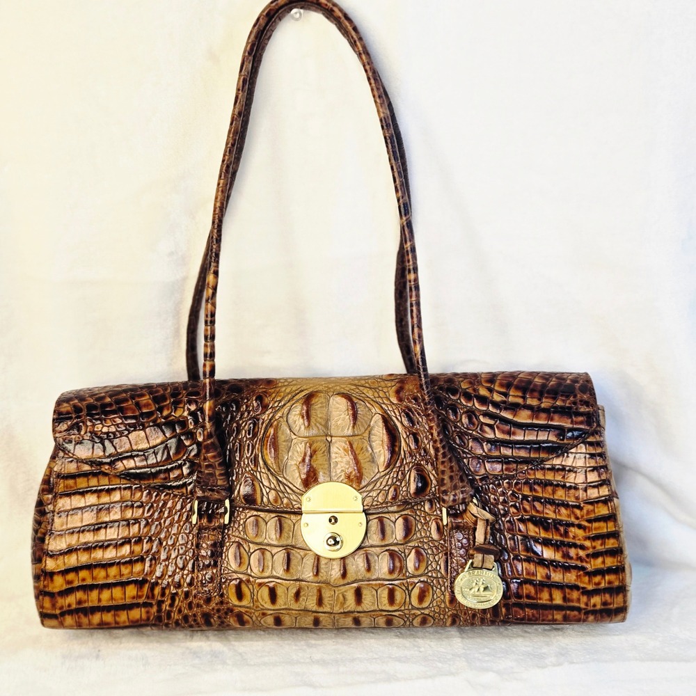 Brahmin Melbourne Crocodile Embossed Leather Satchel Bag Pecan Brown Gold Lock
